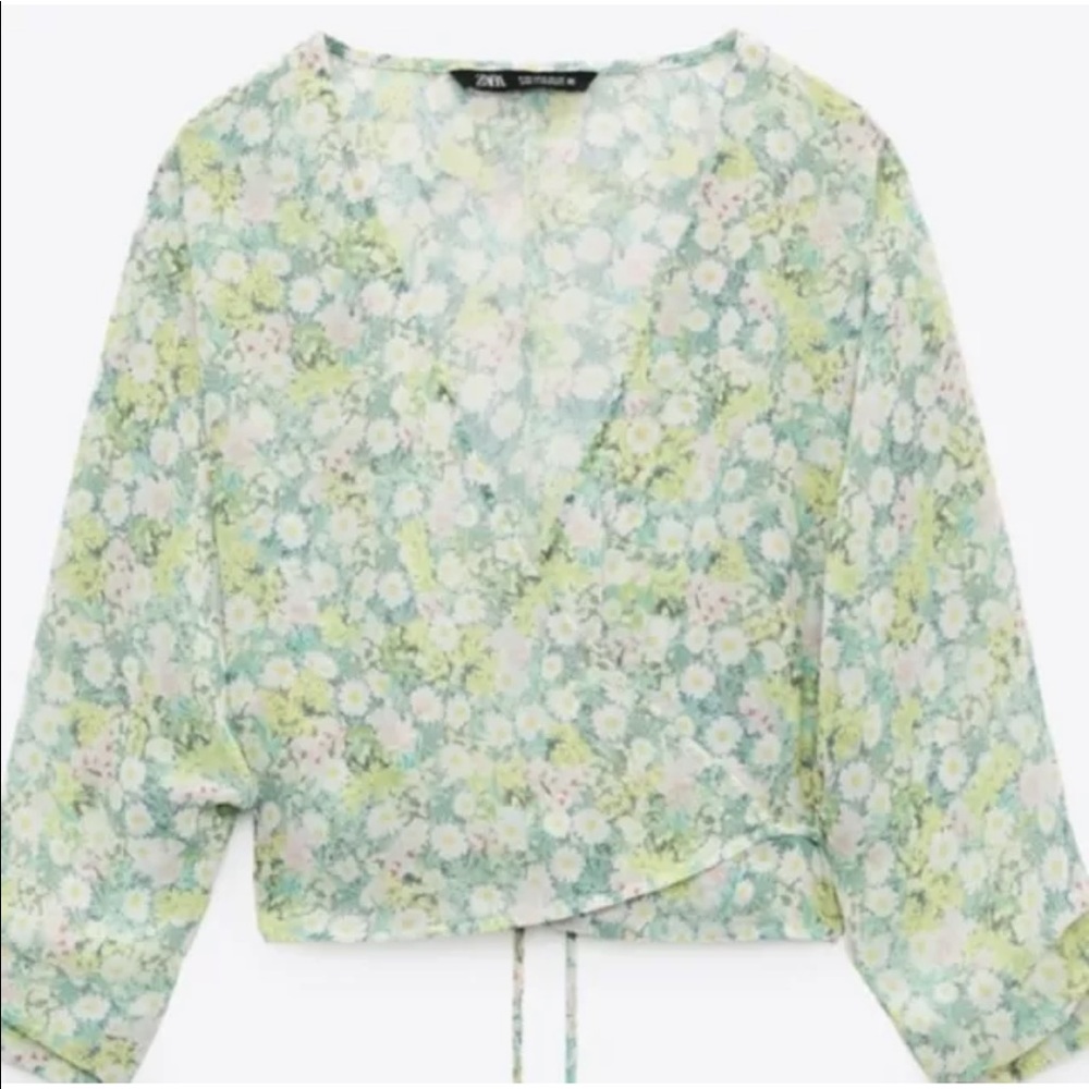 Zara Green Floral Daisy Sheer Wrap Blouse Size Small
